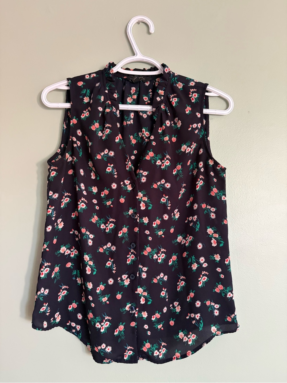 Banana Republic Blouse XS Navy Blue Floral Sleeveless Ruffle Sheer Shirt Office
